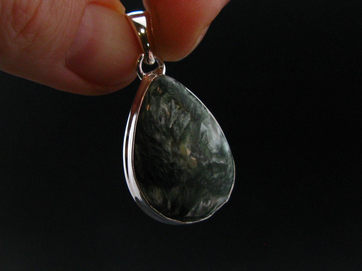 Nice Polished Seraphinite Clinochlore Stalactite Silver Plated Pendant From Russia - 1.3" - 5.05 Grams