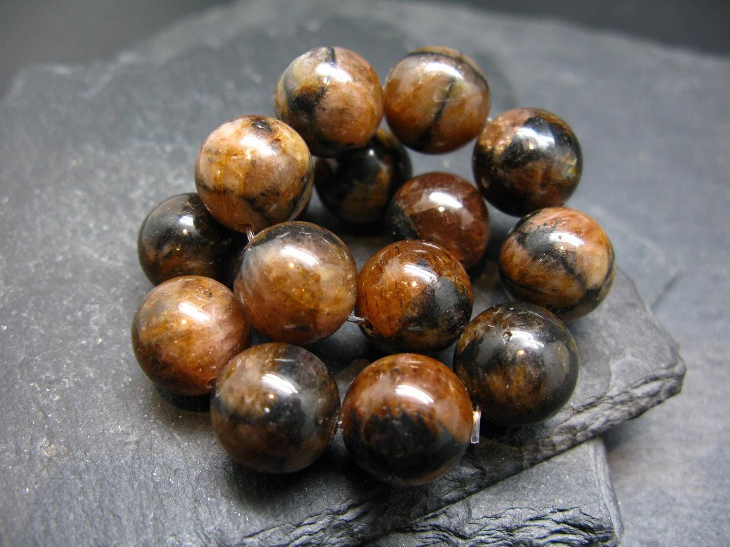 Andalusite Chiastolite Genuine Bracelet ~ 7 Inches ~ 14mm Round Beads