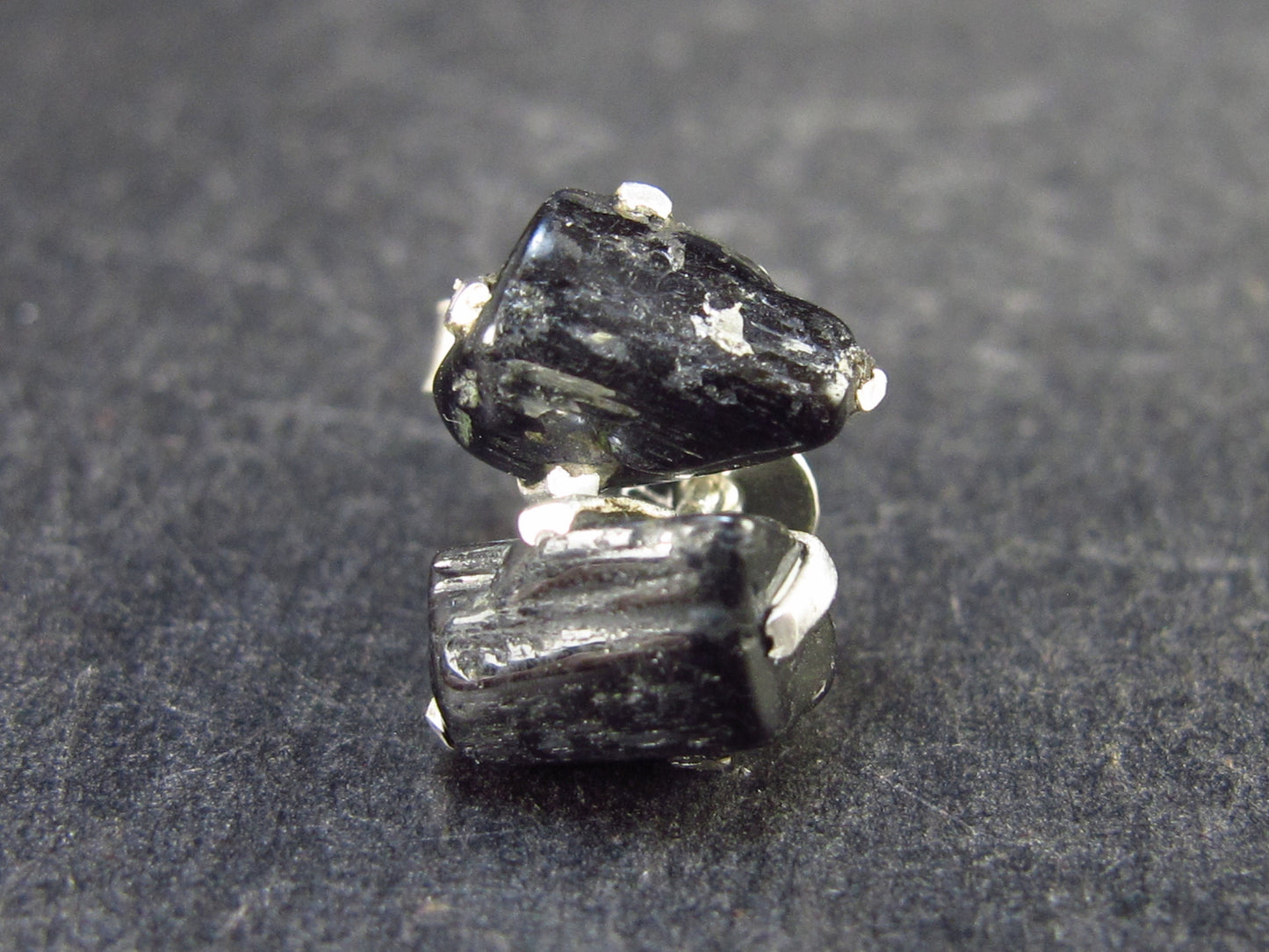 Natural Black Tourmaline Schorl Crystal Stud Earrings In Sterling Silver From Brazil - 0.6"