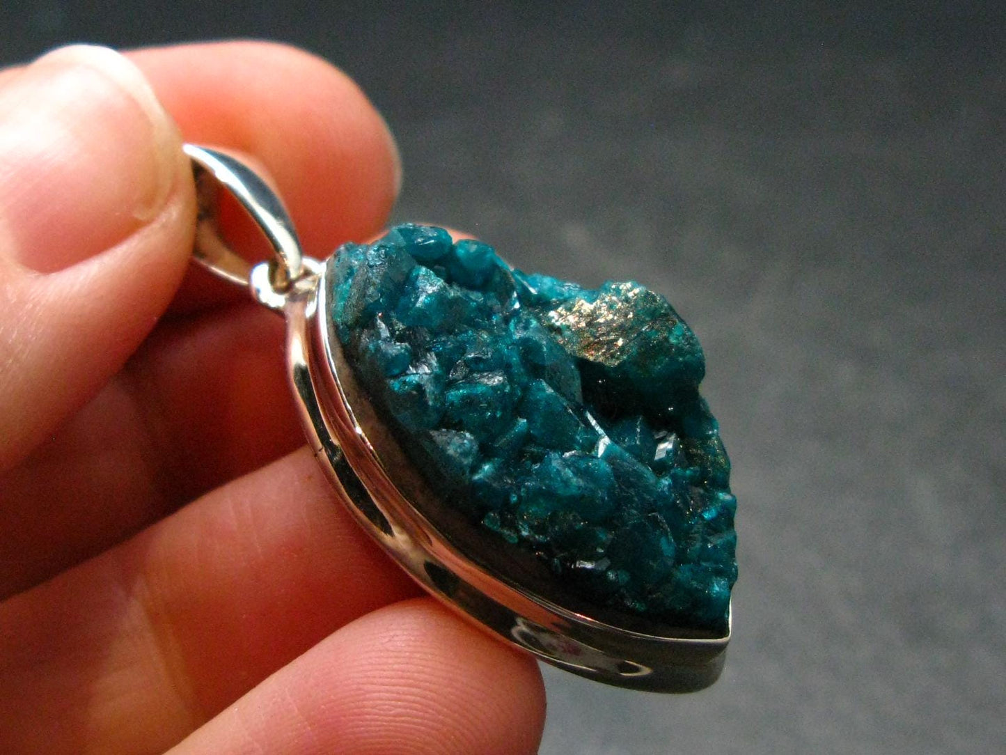 Dioptase Crystal Silver Pendant from Congo - 8.33 Grams - 1.6"
