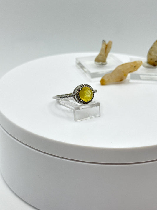 Yellow Sapphire Cabochon Ring | Sterling Silver Halo, September Birthstone - Size 9