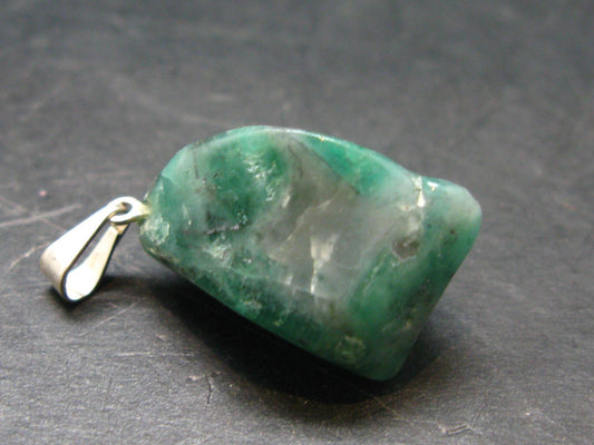 Natural Emerald Tumbled Stone Silver Pendant from Brazil - 1.2" - 5.91 Grams