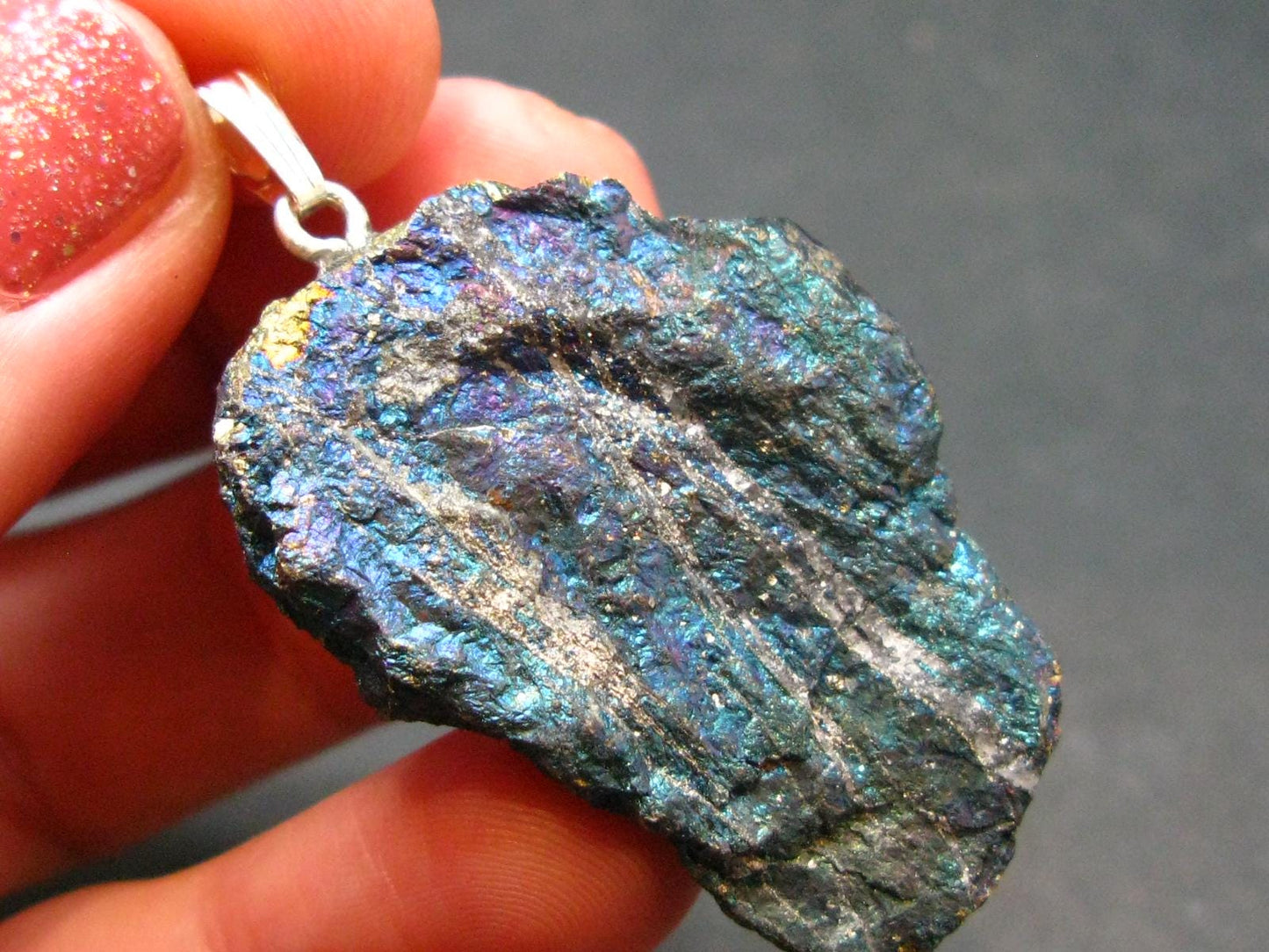 Peacock Ore!! Unusual Natural Raw Chalcopyrite Bornite Silver Pendant from Mexico - 1.7" - 14.28 Grams