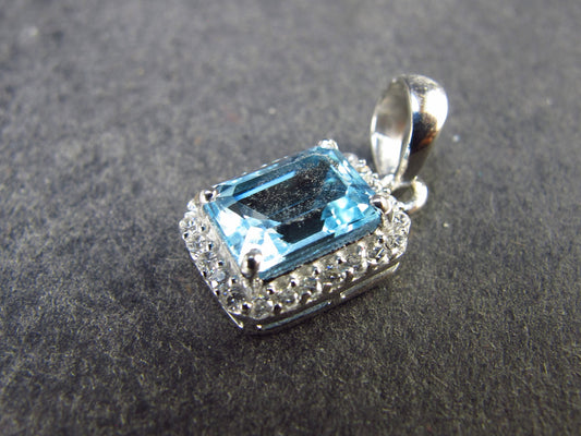 Elegant Genuine Solitaire Sky Blue Topaz Sterling Silver Pendant with CZ From Brazil - 0.7" - 1.42 Grams