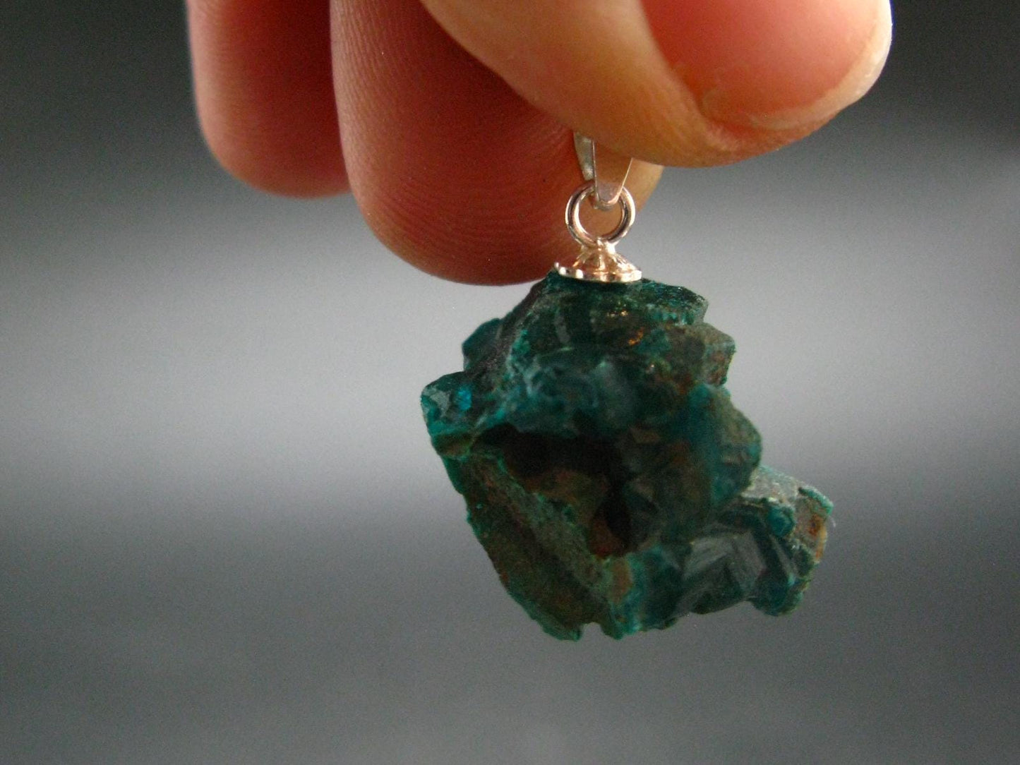 Sharp Dark Green Sparkling Gemmy Dioptase Silver Pendant from Kazakhstan - 0.9" - 3.89 Grams