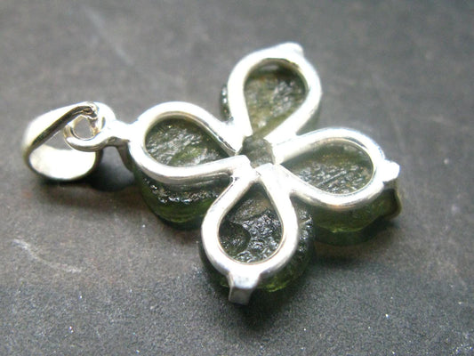 Gem Moldavite Tektite SS Pendant Four Leaf Clover From Czech Republic - 1.3" - 4.31 Grams