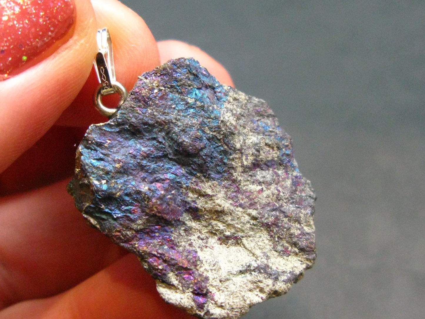 Peacock Ore!! Unusual Natural Raw Chalcopyrite Bornite Silver Pendant from Mexico - 1.4" - 7.72 Grams