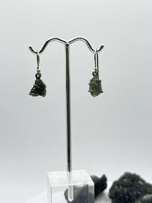 Raw Moldavite Sterling Silver Drop Earrings - Weight 2.37 Grams