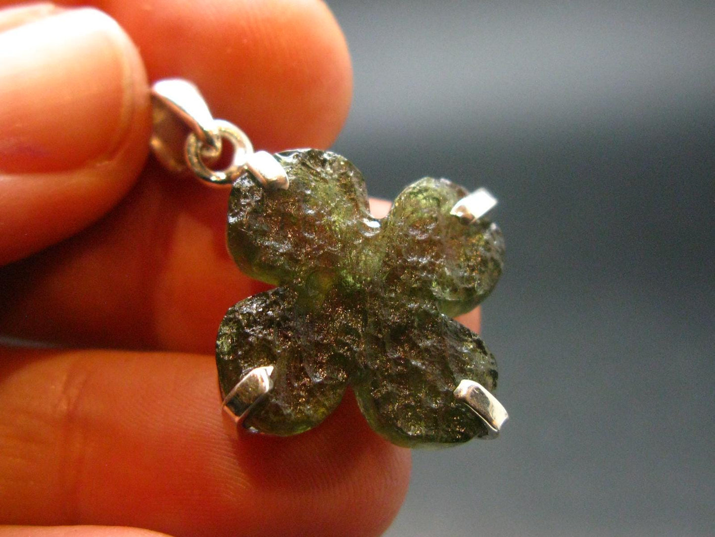 Gem Moldavite Tektite SS Pendant Four Leaf Clover From Czech Republic - 1.3" - 4.31 Grams