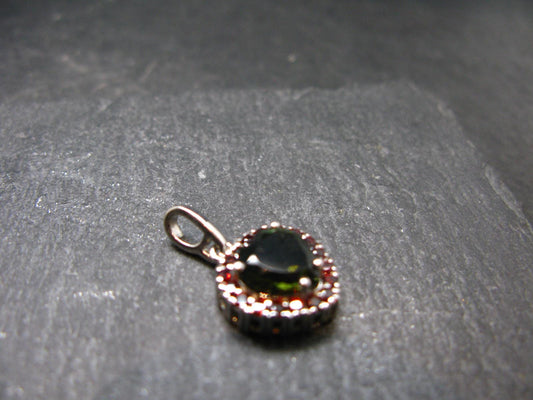 Moldavite Tektite & Red Garnet Silver Pendant from Czech Republic - 0.9"