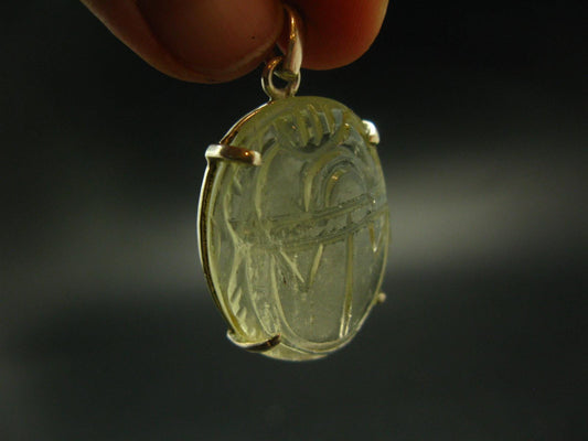 Gem Libyan Tektite Glass Scarab Carving Silver Pendant From Libya - 8.1 Grams - 1.5"