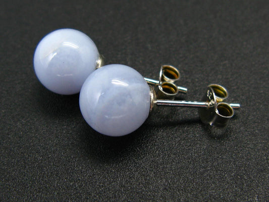 The Most Classic Earring Styles!! Natural 8mm Round / Ball Blue Lace Agate Gemstones 925 Silver Stud Earrings