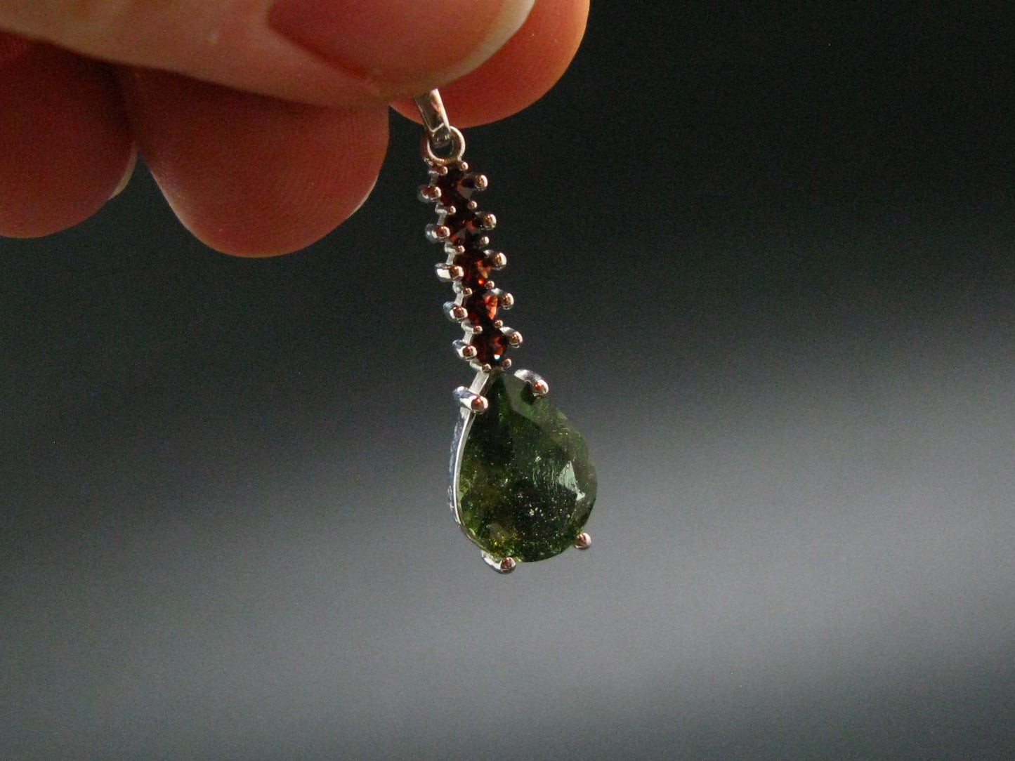 Moldavite Tektite & Red Garnet Silver Pendant from Czech Republic - 1.2"