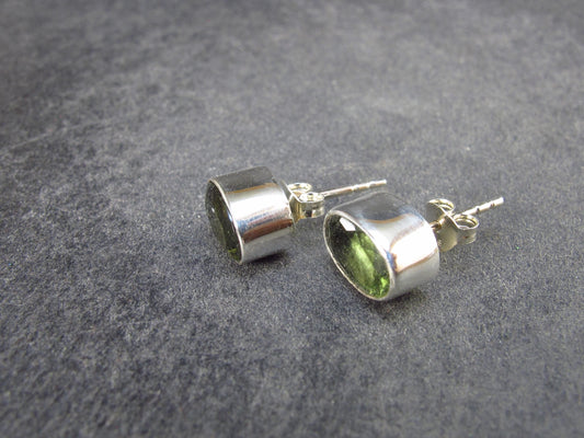 Facetted Moldavite Tektite Stud Earrings in Sterling Silver from Czech Republic - 2.38 Grams