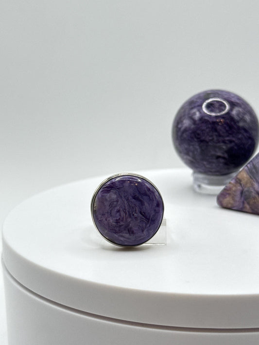 Beautifully Round Charoite & Sterling Silver Ring - Size 6.5