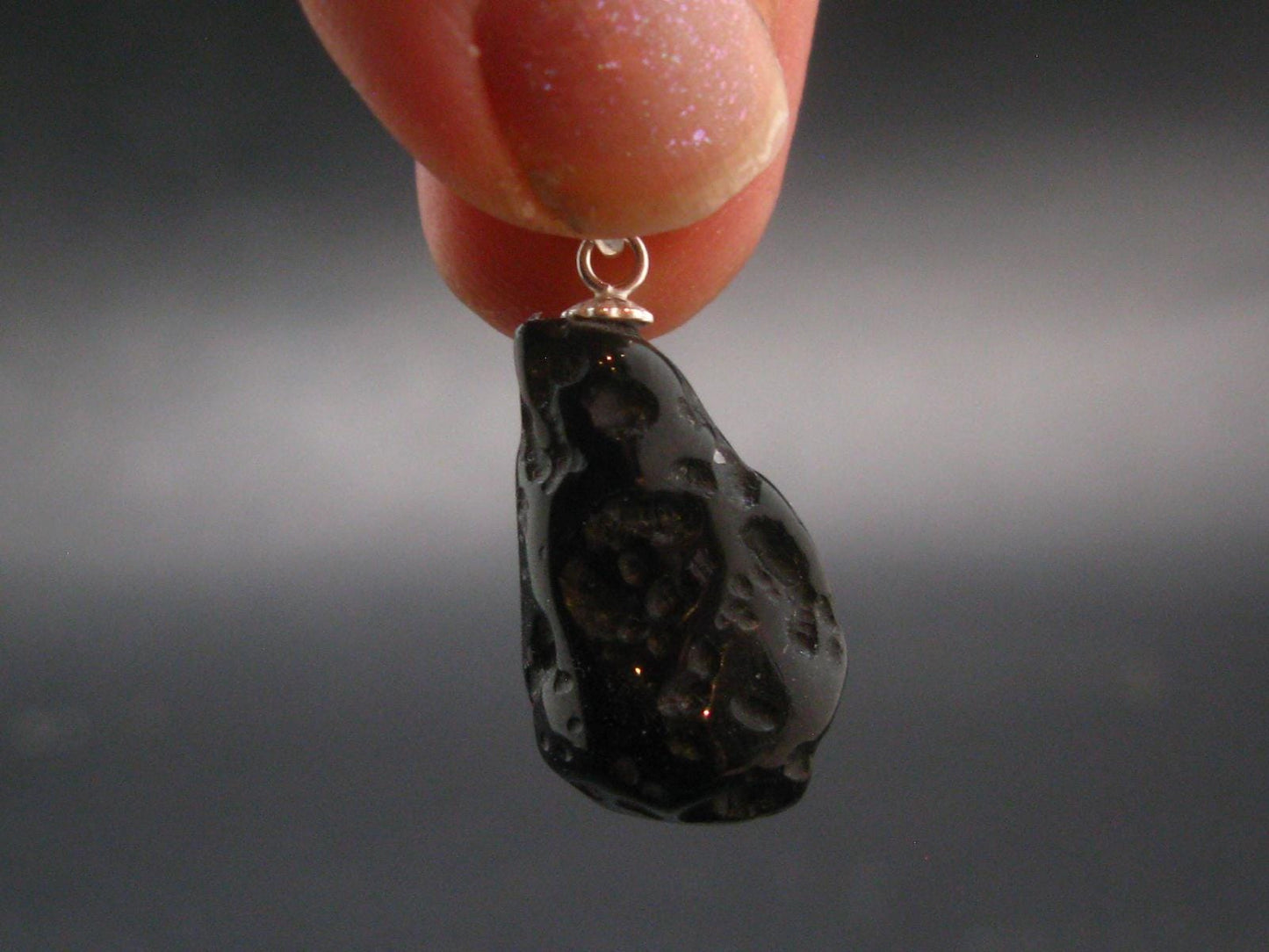 Tibetan Black Tektite Silver Pendant From Tibet - 1.1" - 3.20 Grams