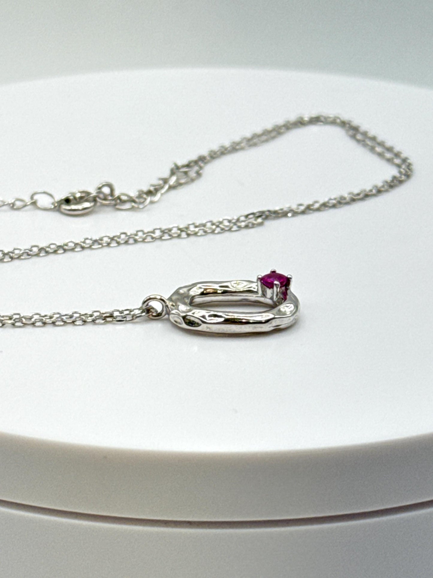 Ruby Silver Oval Necklace | Minimalist July Birthstone Pendant | Sterling Silver Chain