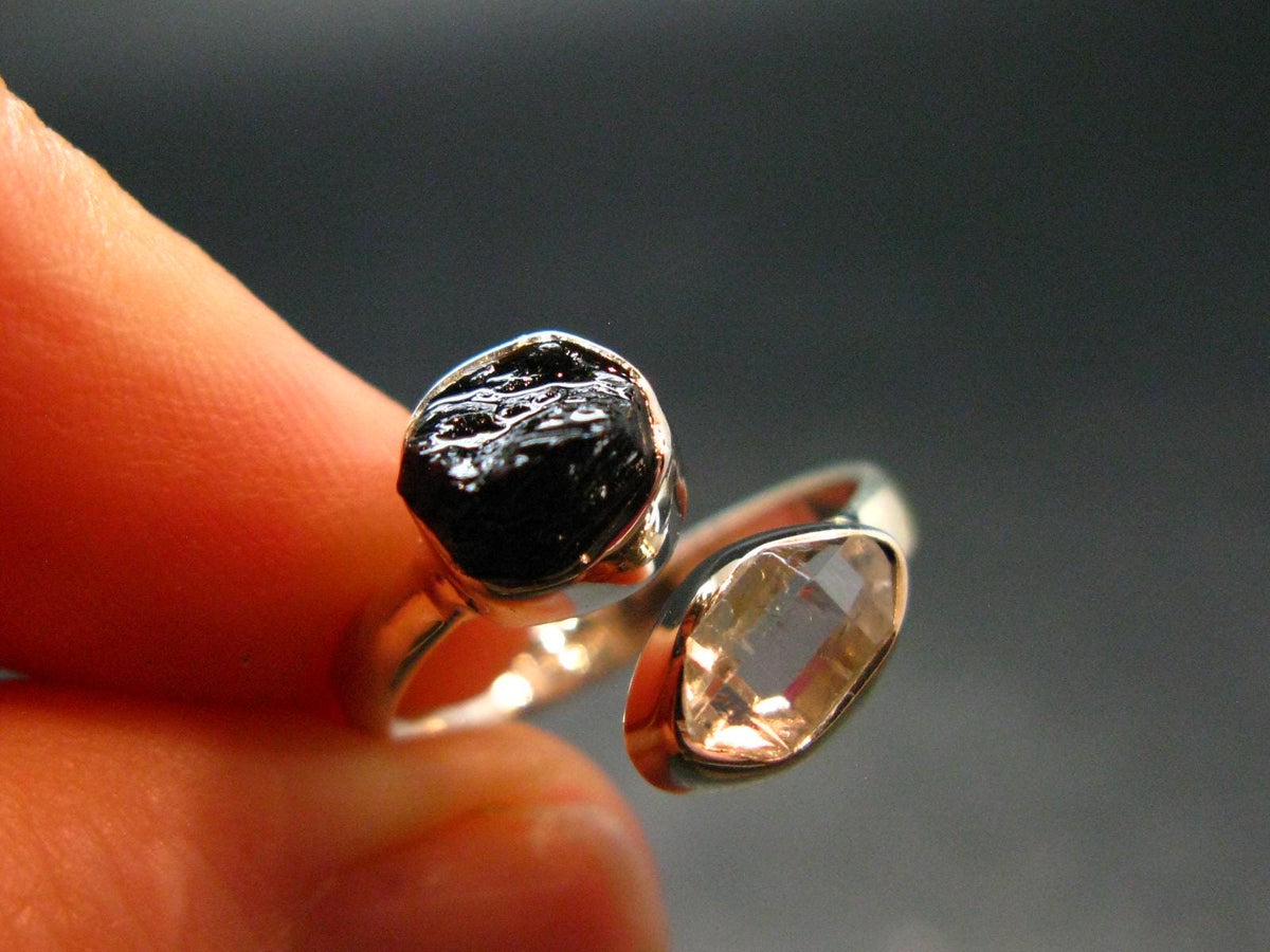 Black Tourmaline And Herkimer Diamond Silver Ring - Size 5 - 2.48 Grams