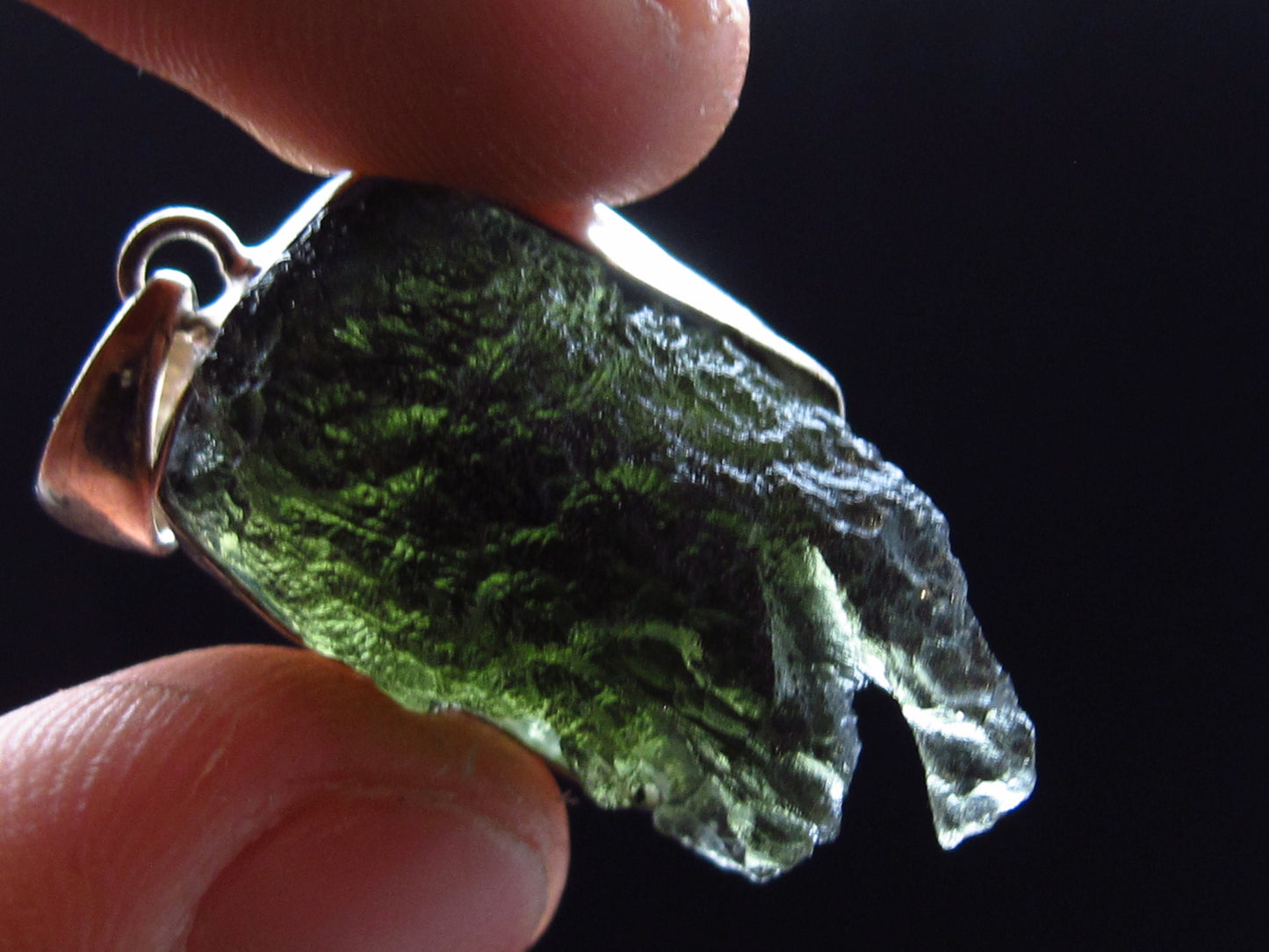 Shape!! Natural Gem Moldavite Tektite SS Pendant From Czech Republic - 6.9 Grams - 1.5"