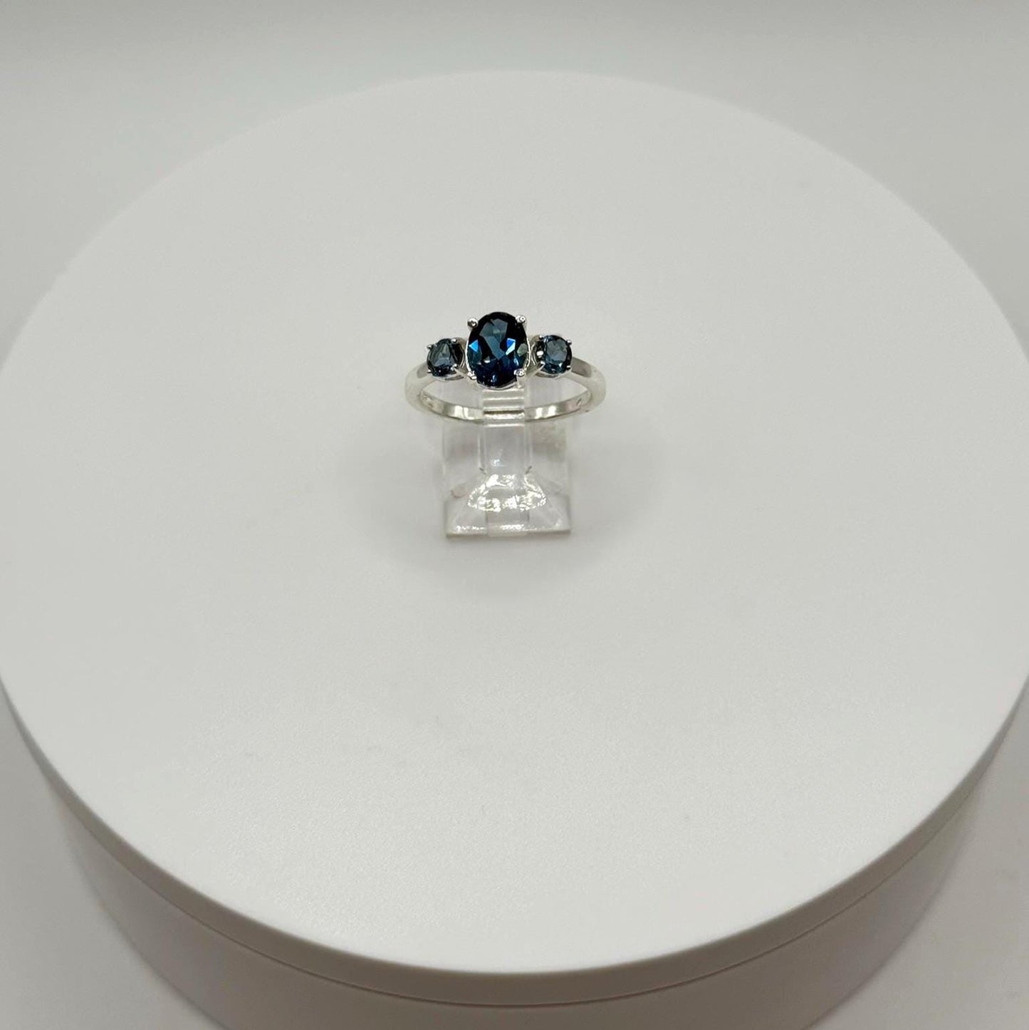 London Topaz Sterling Silver Ring – Deep Blue Three-Stone Design - Size 8