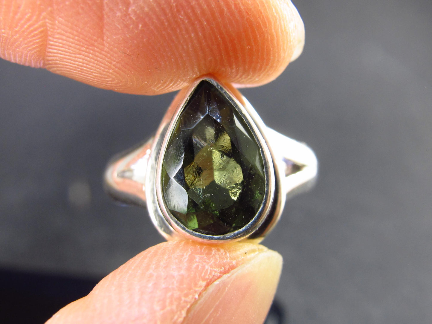Moldavite Tektite Facetted Silver Ring from Czech Republic - Size 7.25 - 5.93 Grams