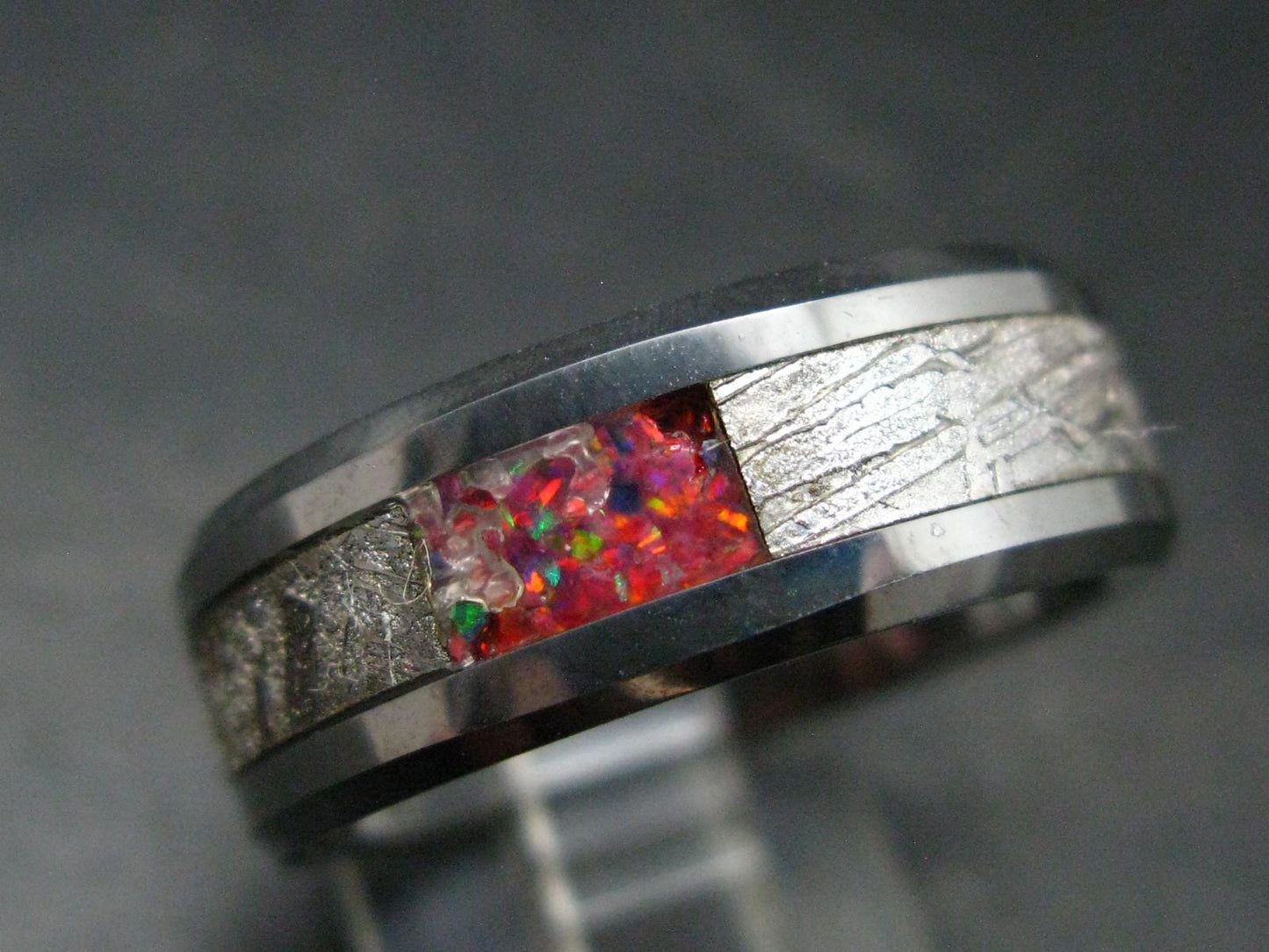 Muonionalusta Meteorite & Opal Steel Ring - 12.65 Grams - Size 10
