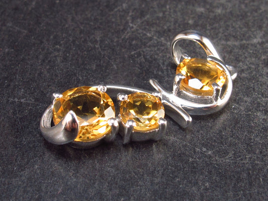 Three Genuine Faceted Golden Yellow Citrine Crystals 925 Silver Pendant From Brazil - 1.4" - 4.13 Grams