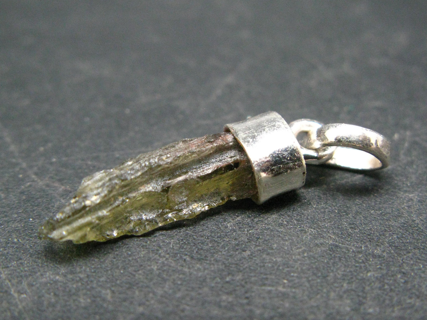 Gem Moldavite Tektite SS Pendant From Czech Republic - 1.1" - 1 Grams
