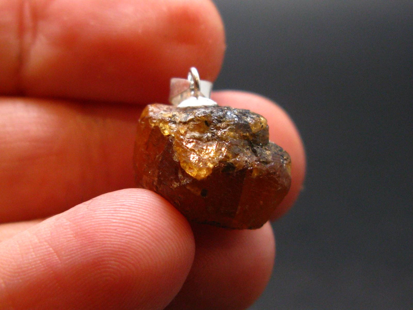 Gem Spessartine Spessartite Orange Garnet Pendant in SS From Tanzania - 0.6" - 5.20 Grams