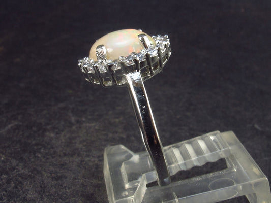 Flashes of Lightning!! Natural Cabochon Opal 925 Sterling Silver Ring with CZ from Ethiopia - Size 5.5 - 2.42 Grams