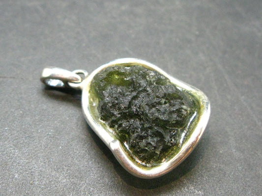 Moldavite Tektite Silver Clover Pendant from Czech Republic - 1.2" - 5.4 Grams