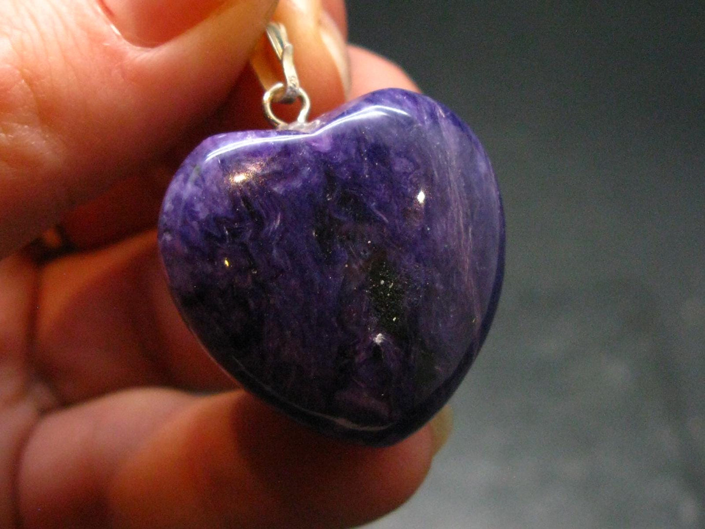 Rare High-Quality Charoite Heart Pendant In SS From Russia - 1.3" - 13.07 Grams
