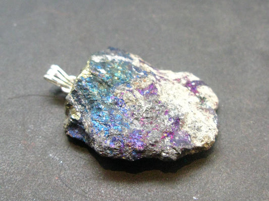Peacock Ore!! Unusual Natural Raw Chalcopyrite Bornite Silver Pendant from Mexico - 1.4" - 7.72 Grams