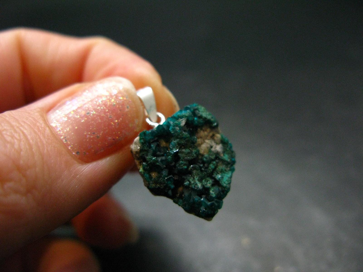 Dark Green Sparkling Gemmy Dioptase Silver Pendant from Kazakhstan - 0.9" - 2.53 Grams