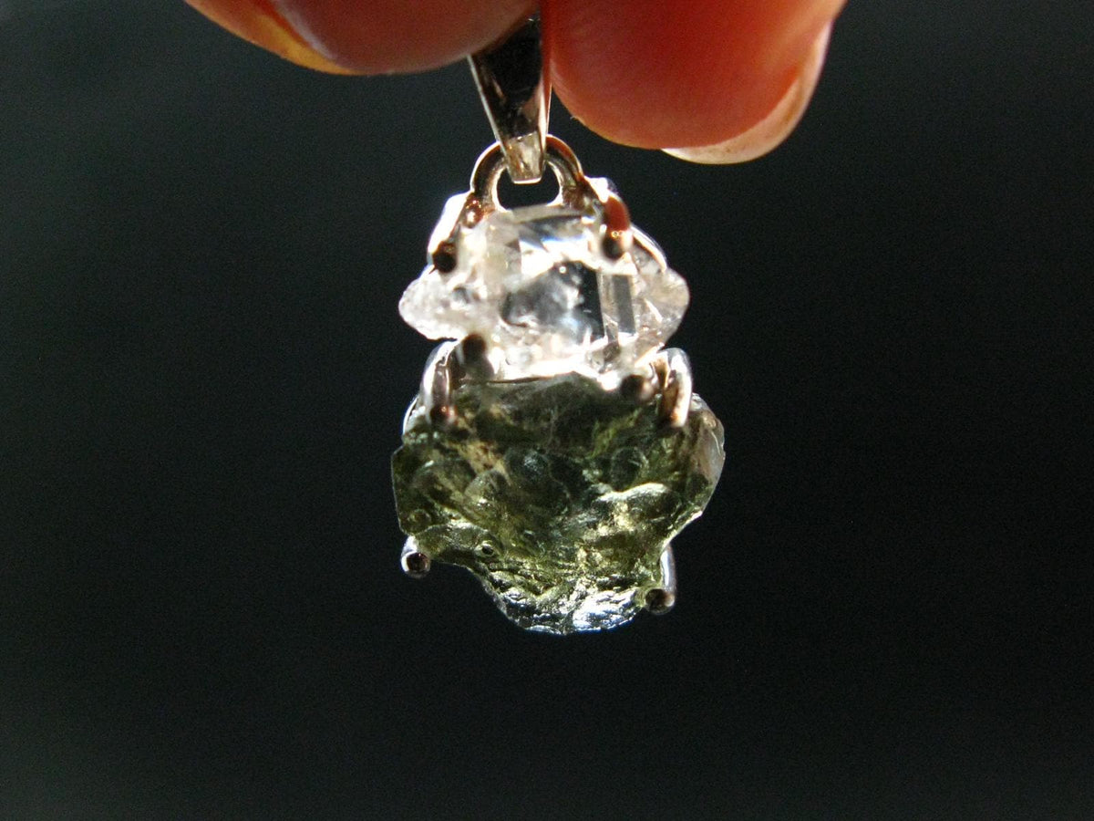 Moldavite & Herkimer Diamond Silver Pendant - 0.9" - 2.38 Grams