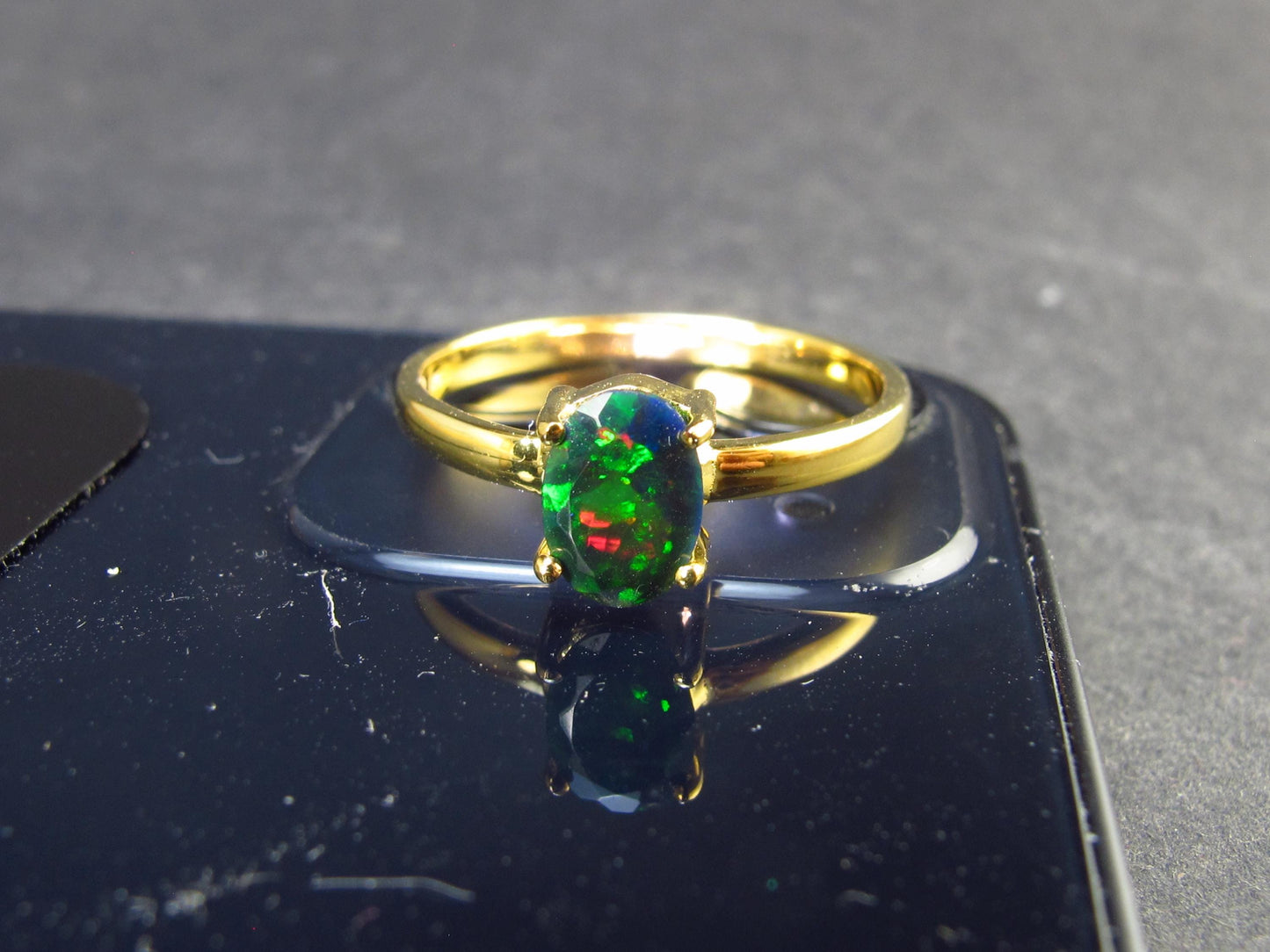 Rare Black Opal Gold Plated Silver Ring from Australia - Size 10 - 2.20 Grams