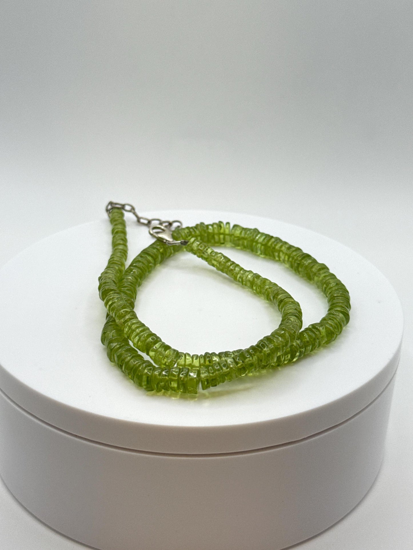 Peridot Beaded Necklace | Natural Green Peridot Rondelle Strand | Sterling Silver Clasp | August Birthstone Jewelry