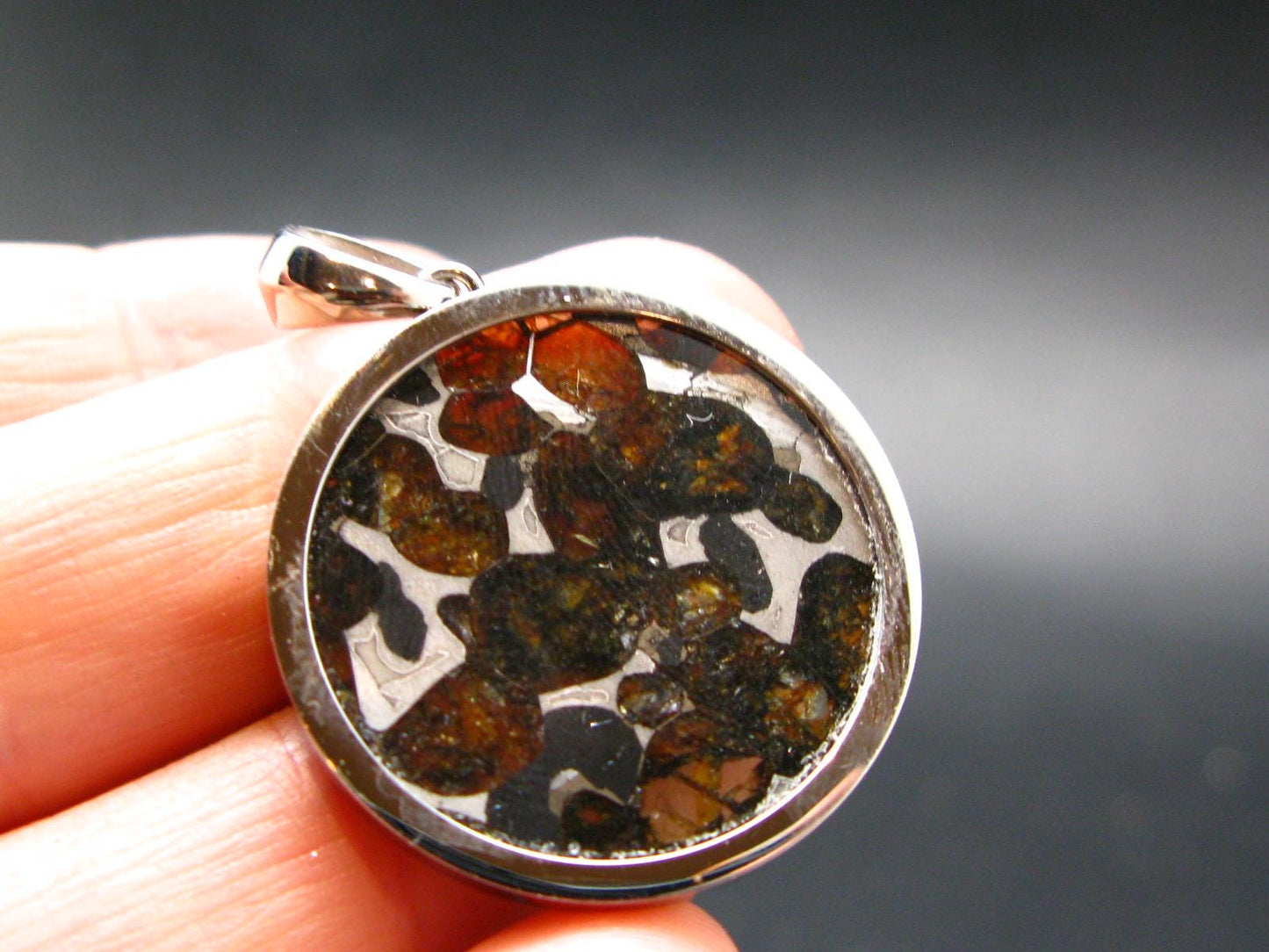 Rare Brahin Meteorite Slice With Olivine Pallasite Silver Pendant from Belarus - 1.4" - 5.22 Grams