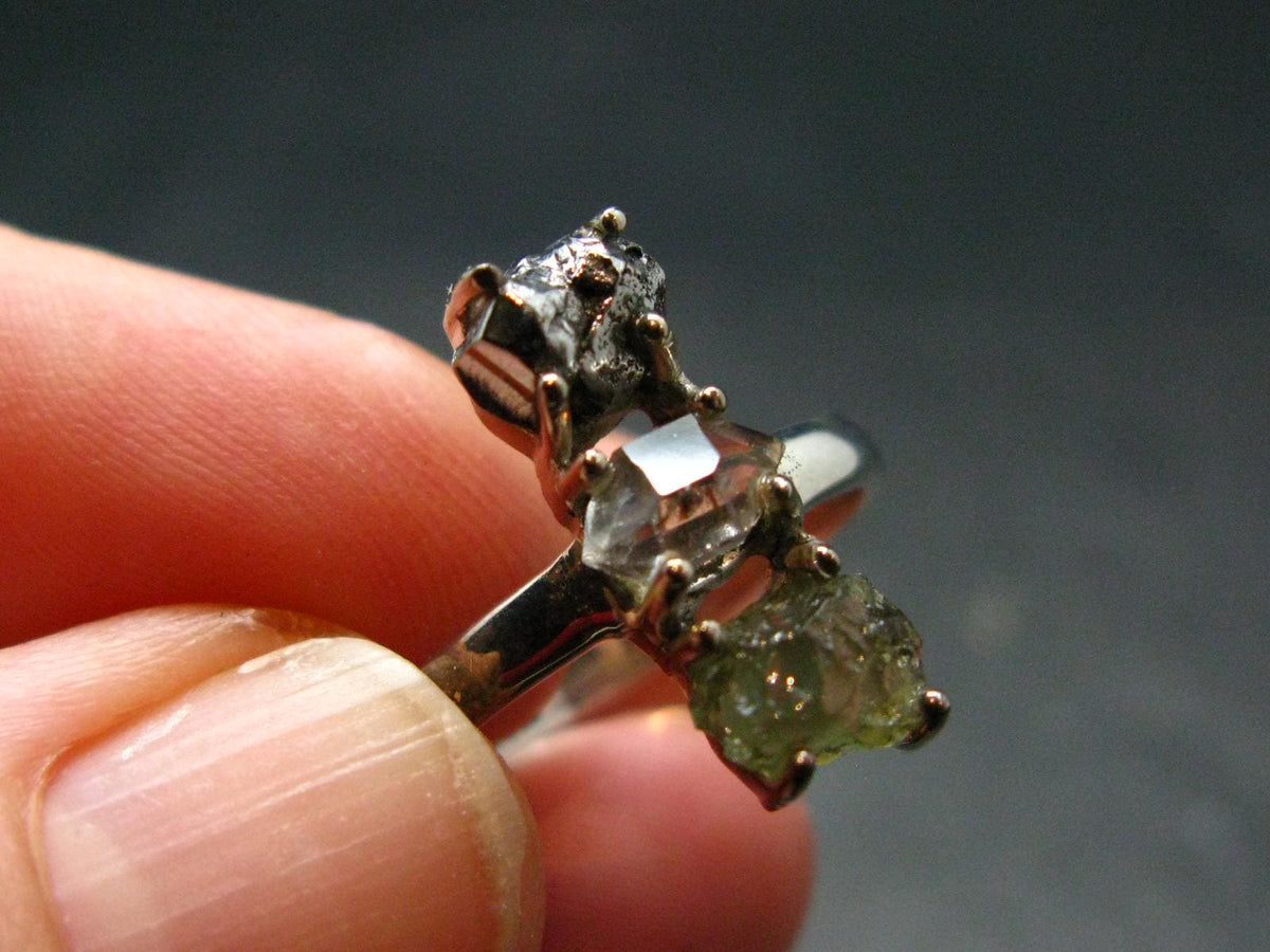 Moldavite Herkimer Meteorite Sterling Silver Ring From Czech Republic - Size 7 - 3.08 Grams