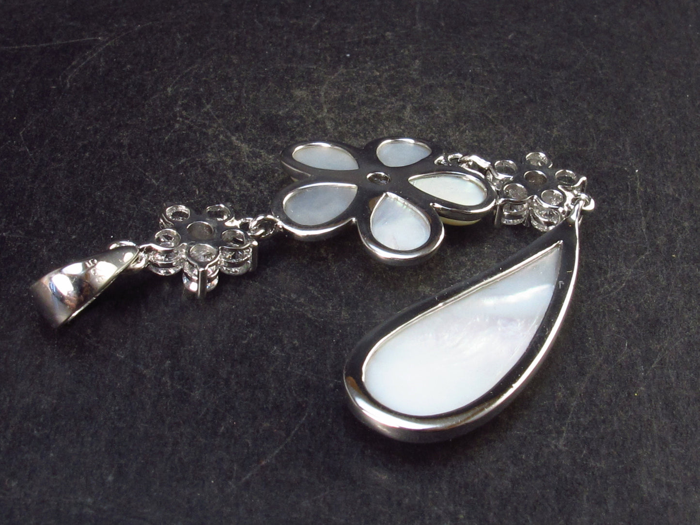 Flower and Tear Shaped Cabochon Mother of Pearl Sterling Silver Pendant - 3.5" - 7.6 Grams