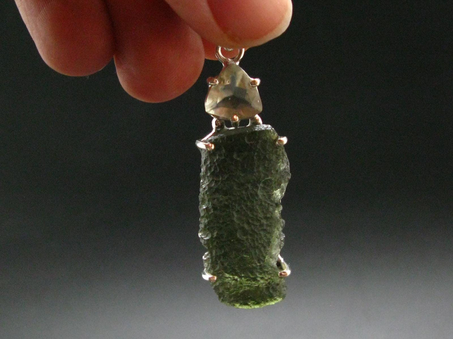 Raw Moldavite Tektite And Polished Libyan Tektite Silver Pendant - 2.0" - 6.67 Grams
