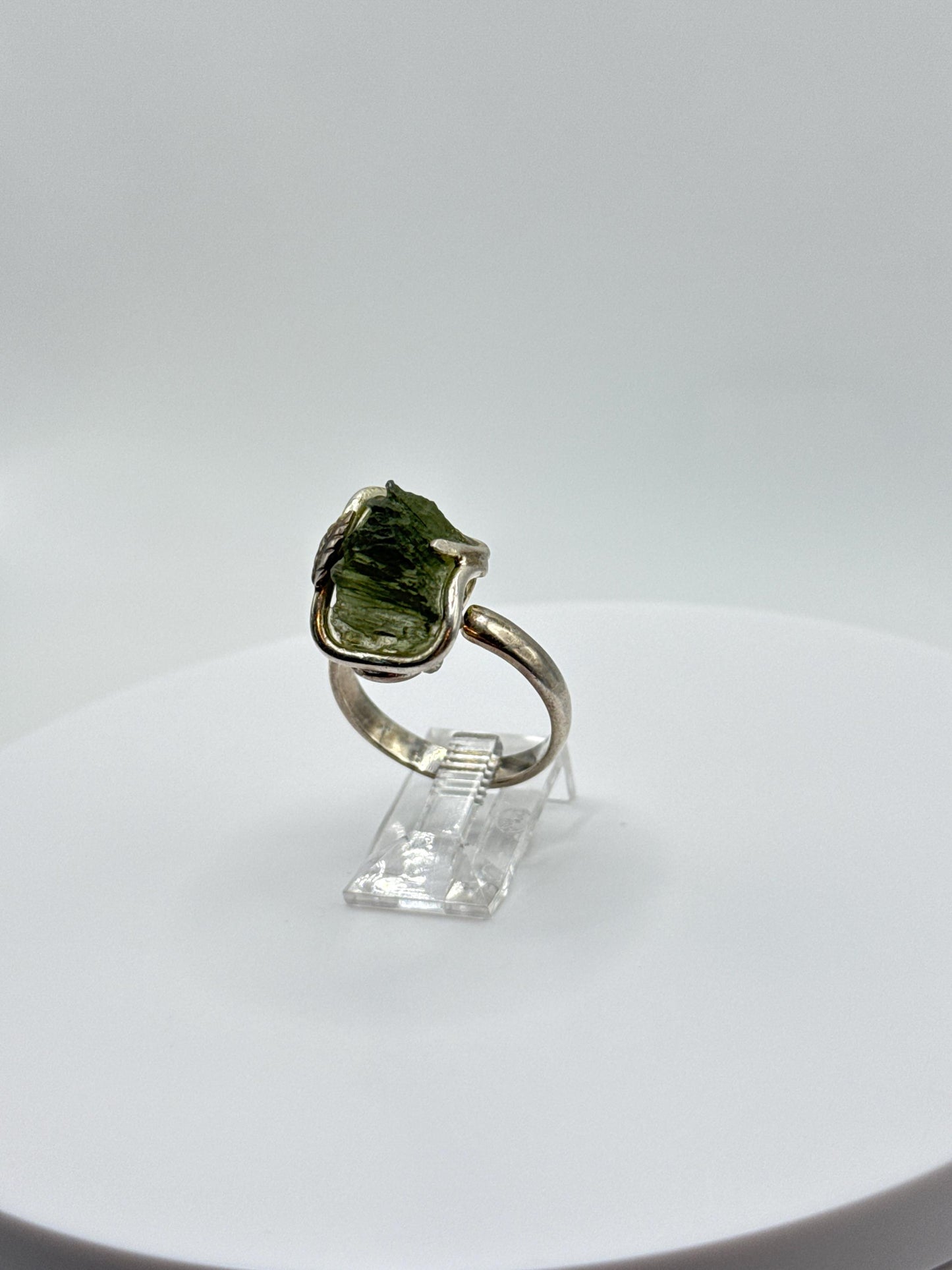 Raw Moldavite Sterling Silver Ring – Unique Cosmic Green Tektite Jewelry - Size 9.5
