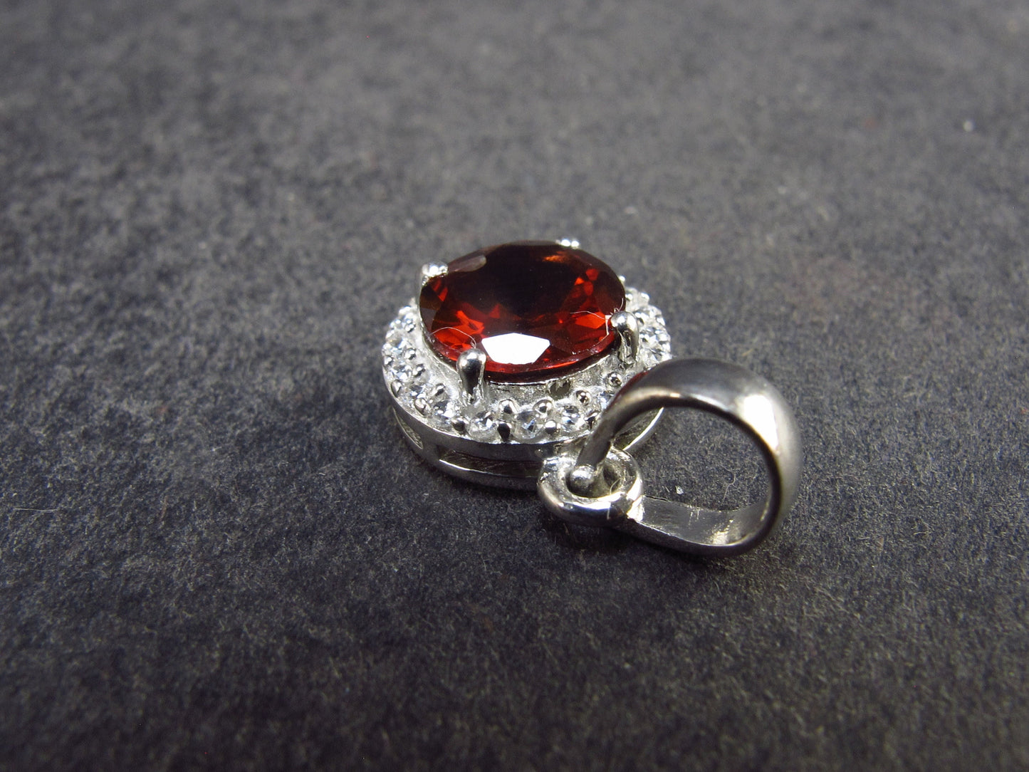 Genuine Red Garnet Almandine Gem with CZ Sterling Silver Pendant From India - 0.7" - 1.39 Grams