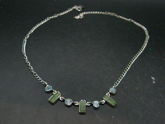Green Tourmaline & Aquamarine Crystal Silver Necklace from Brazil - 18" - 9.05 Grams