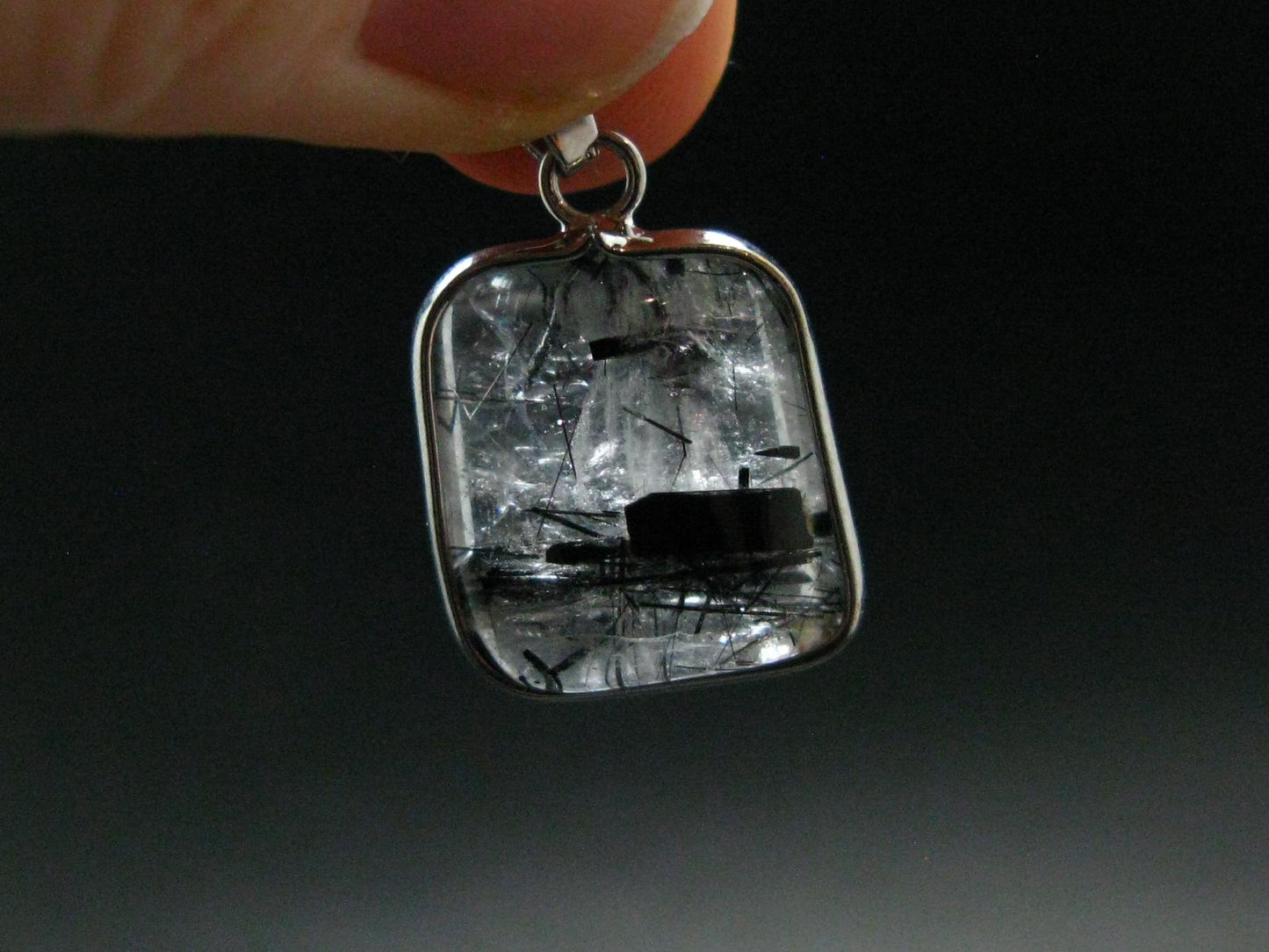 Large Tourmalinated Quartz Crystal Silver Plated Pendant From Brazil - 1.1" - 4.14 Grams