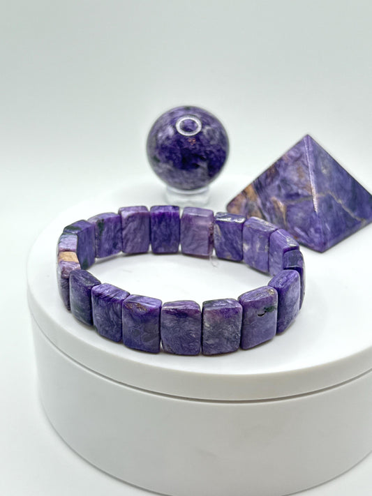 Elegant Charoite Rectangle Bead Stretch Bracelet - 32.73 Grams