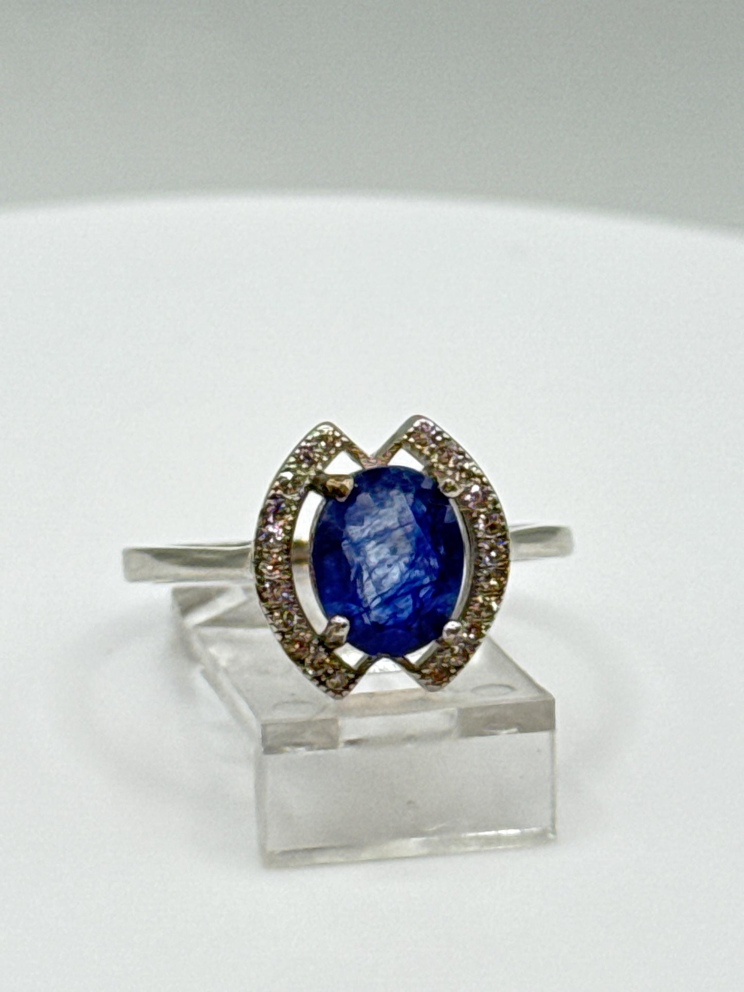 Blue Sapphire Halo Ring: Sterling Silver Statement Jewelry, Size 8.5