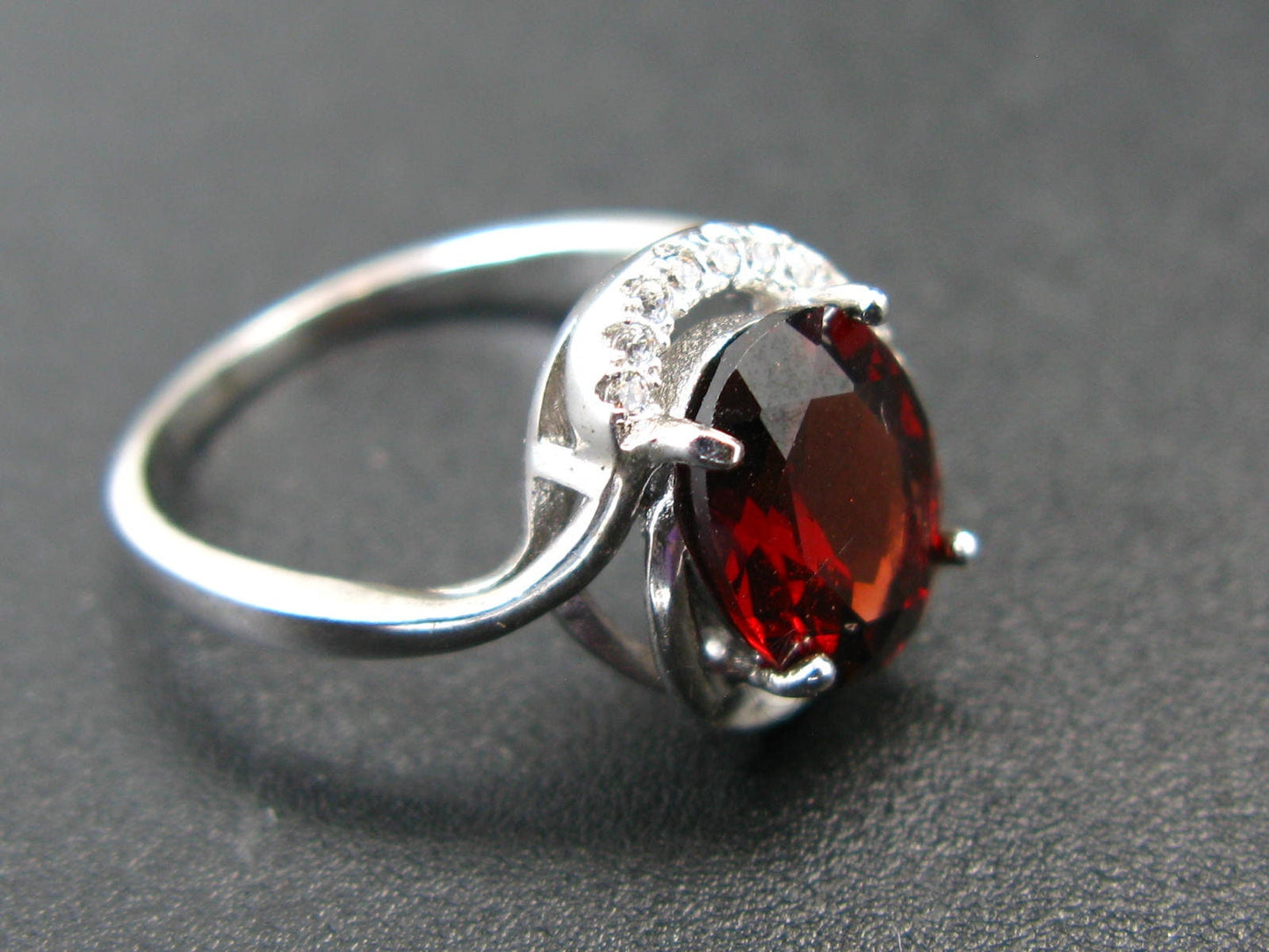 Natural Faceted Red Garnet Rhodium Plated Sterling Silver Ring with CZ - Size 5.5