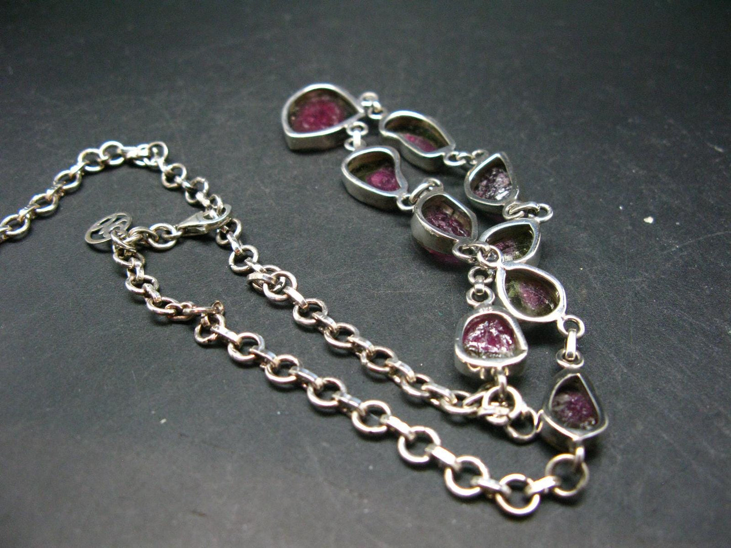 Watermelon Tourmaline Crystal Silver Necklace from Brazil - 18.5" - 25.5 Grams