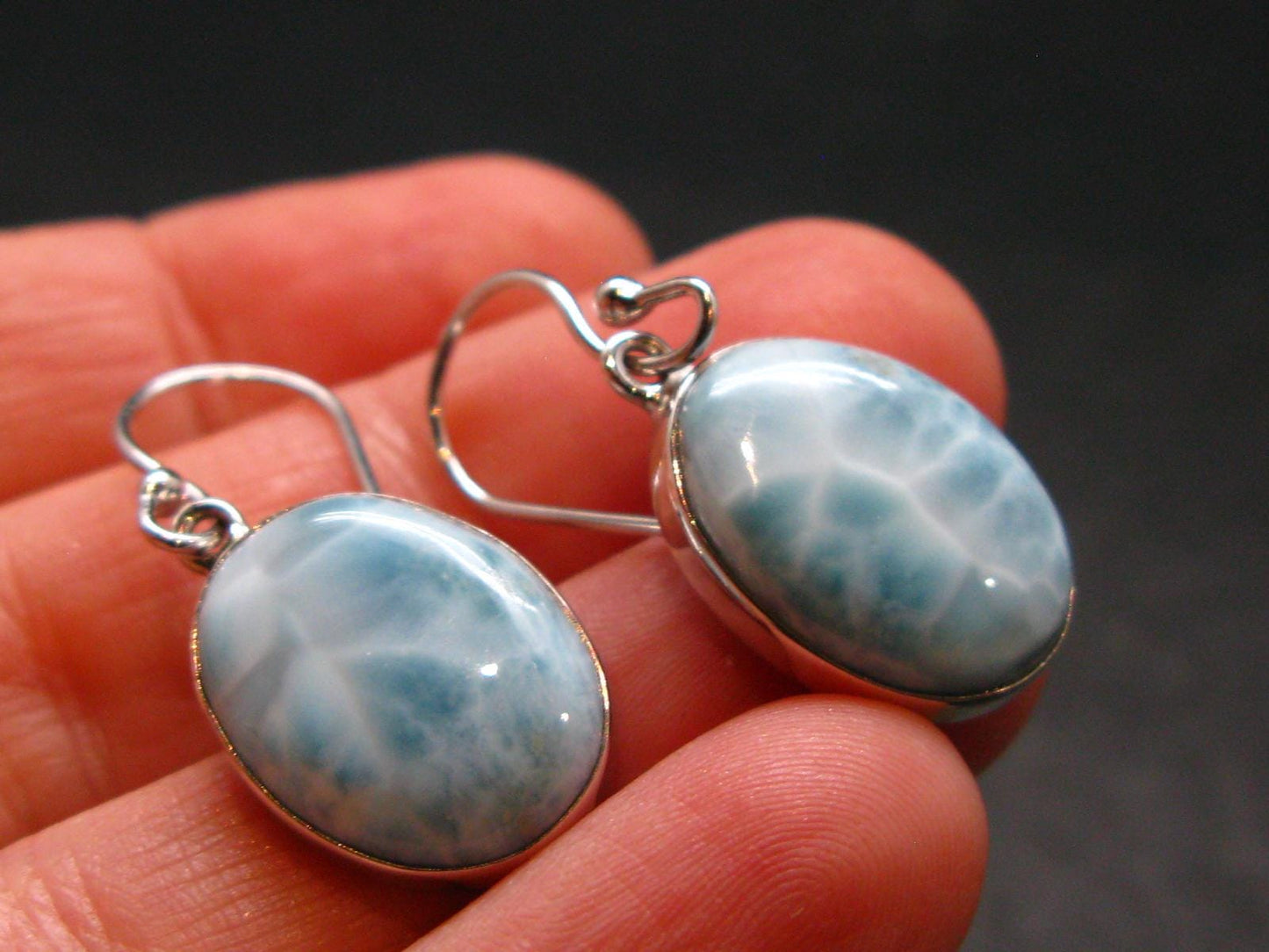 Natural Cabochon Larimar Pectolite 925 Sterling Silver Earrings from Dominican Republic - 4.58 Grams